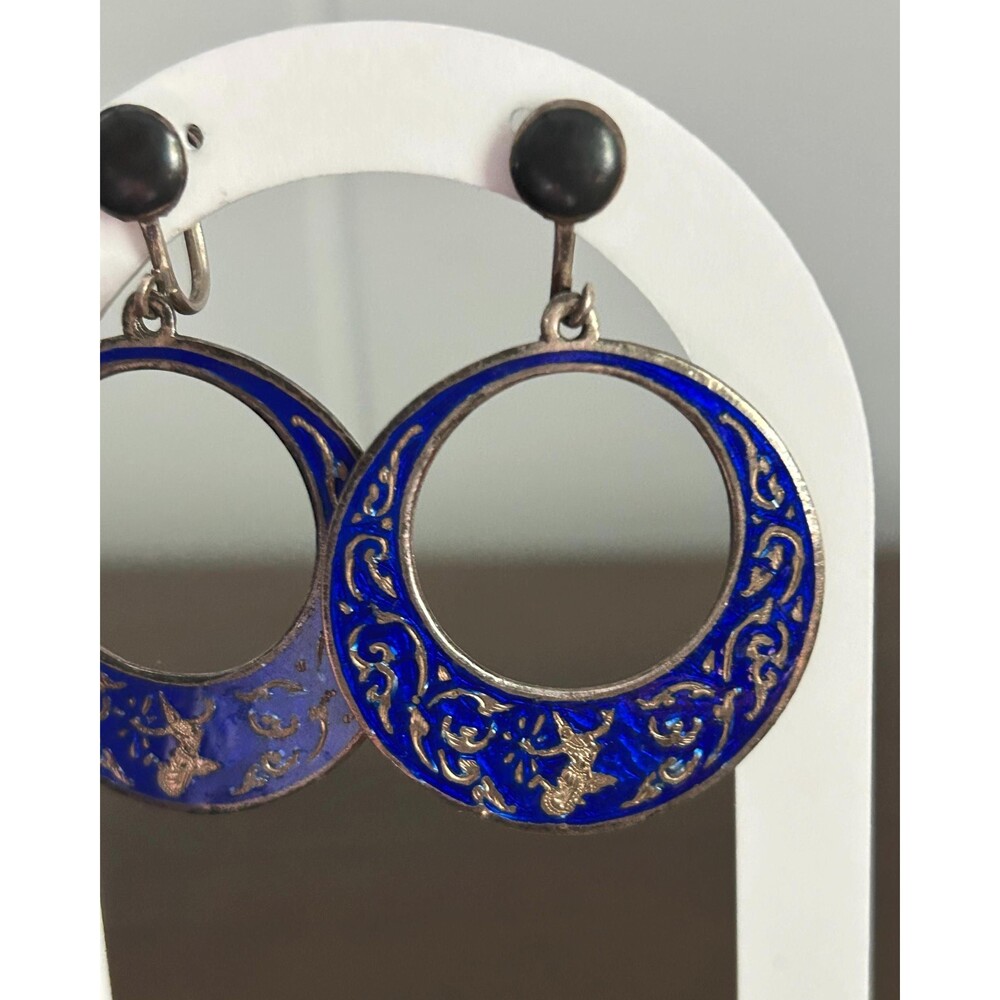 Vintage Amfarco Siam Blue Enamel & Sterling Silver Earrings